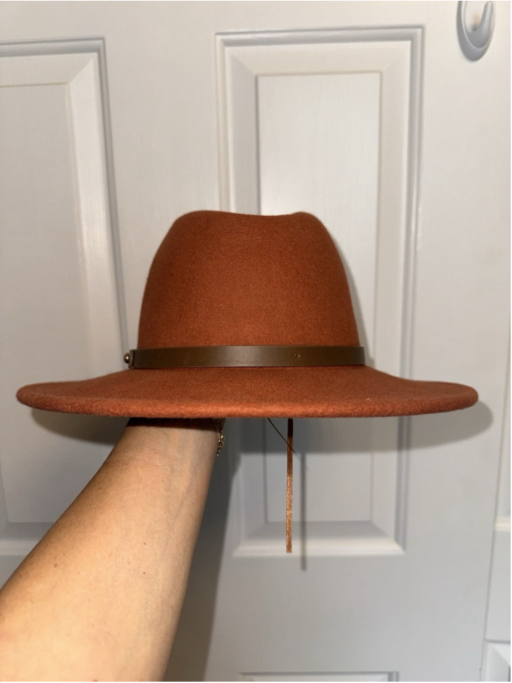 Free People 100% Wool Fedora Hat Rust Burnt Orange Boho Autumn Indie Rancher OS - Picture 3 of 7